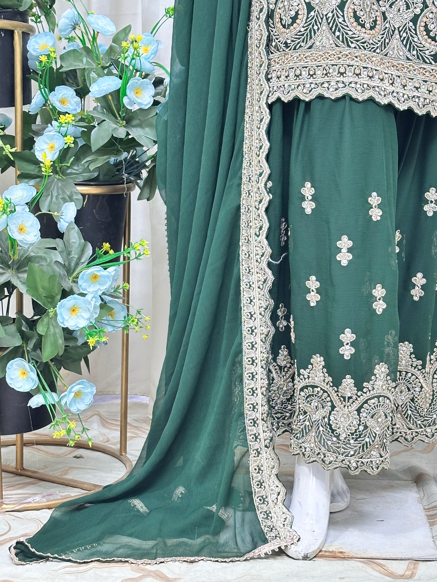 SG2189 Chiffon Gharara Bottle Green