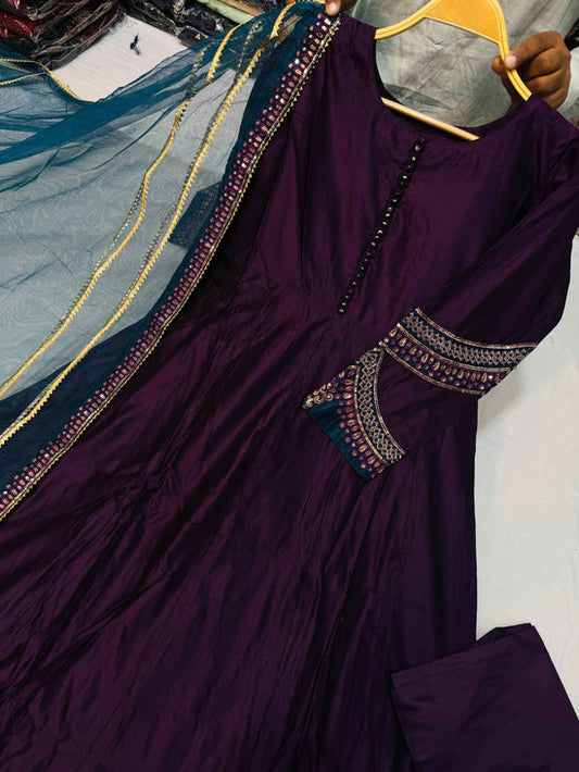 Khadi Embroiled Frock With Dupatta Purple