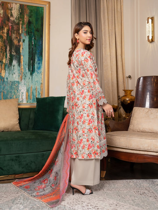Munira Lawn Shirt Light Grey & Coral