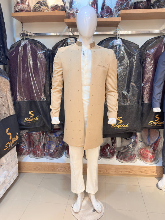 Fawn Embroidered Front Open Sherwani
