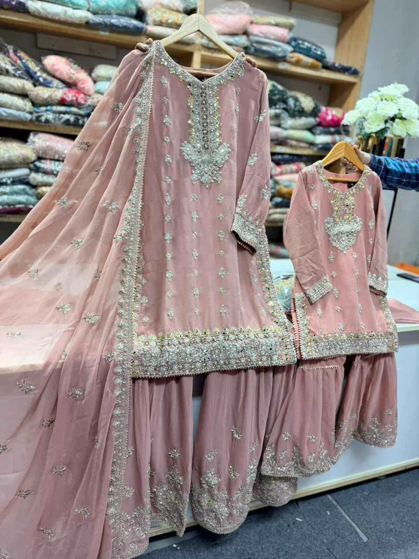 SG2188 Chiffon Gharara Mother & Daugther Rose Pink