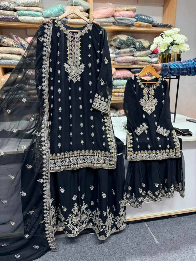 SG2188 Chiffon Gharara Mother & Daugther Black