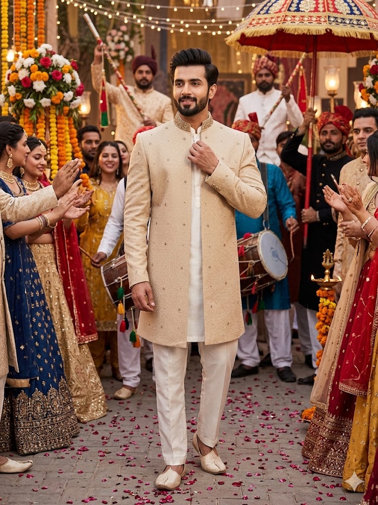 Fawn Embroidered Front Open Sherwani