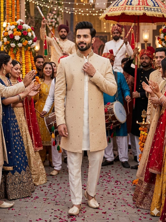 Fawn Embroidered Front Open Sherwani