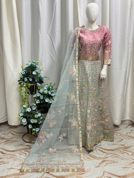 FG166 Lehnga Pink Aqua
