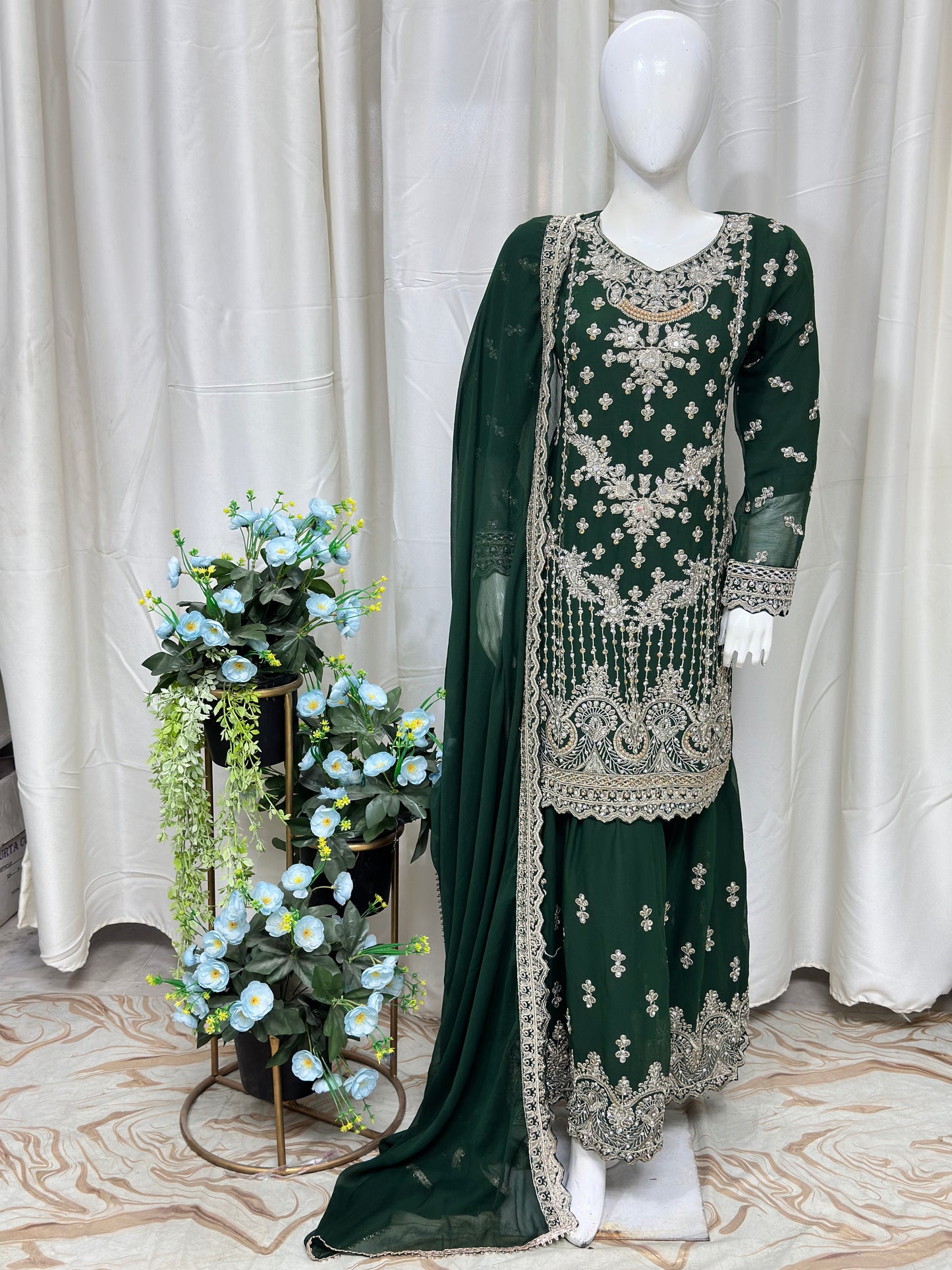 SG2189 Chiffon Gharara Bottle Green