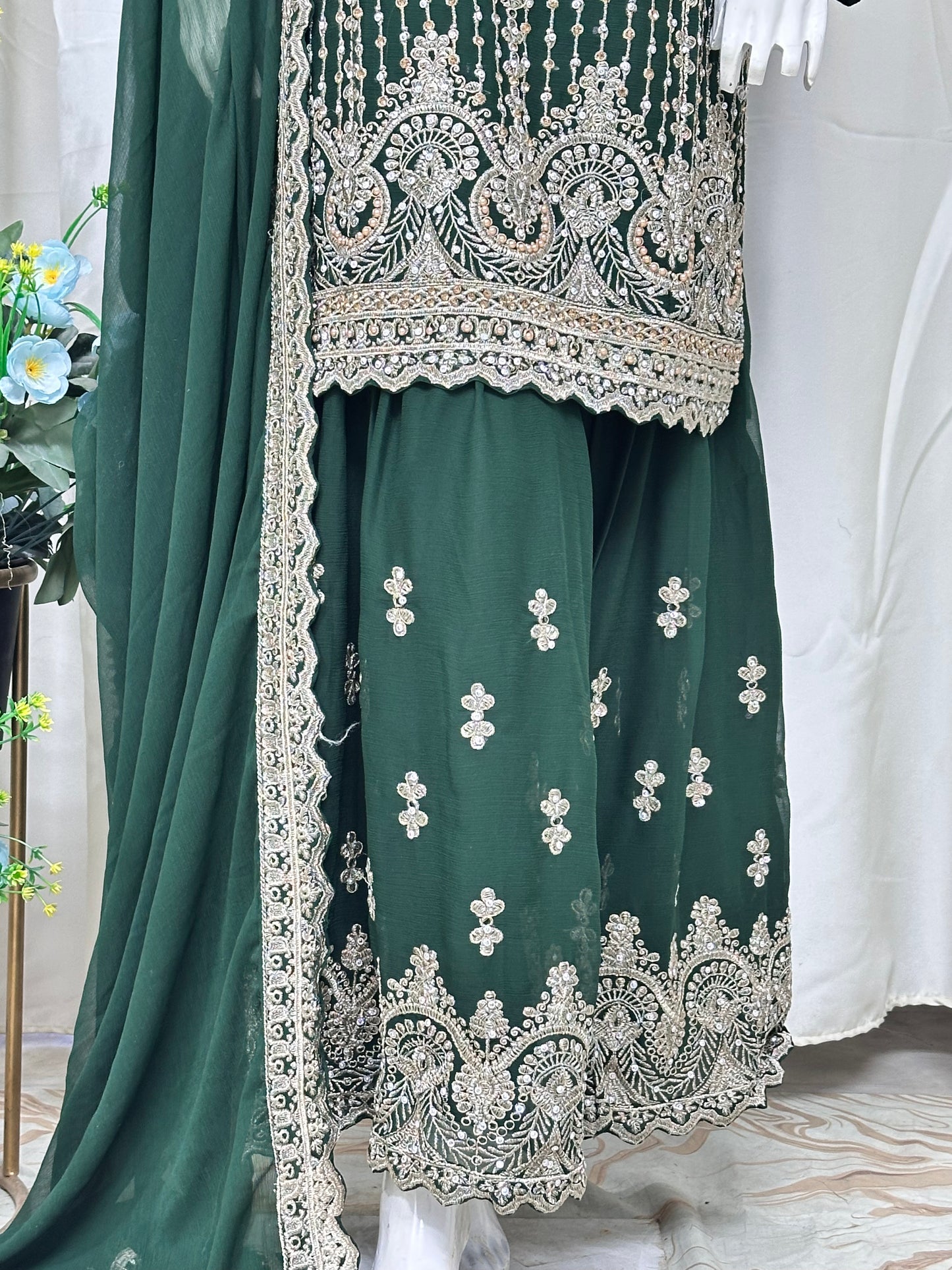 SG2189 Chiffon Gharara Bottle Green