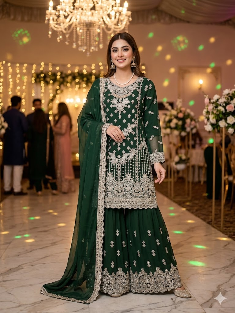 SG2189 Chiffon Gharara Bottle Green