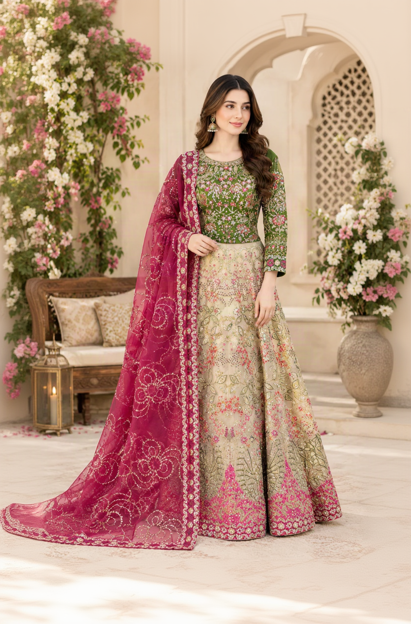 FG558 Organza Lehnga Parrot