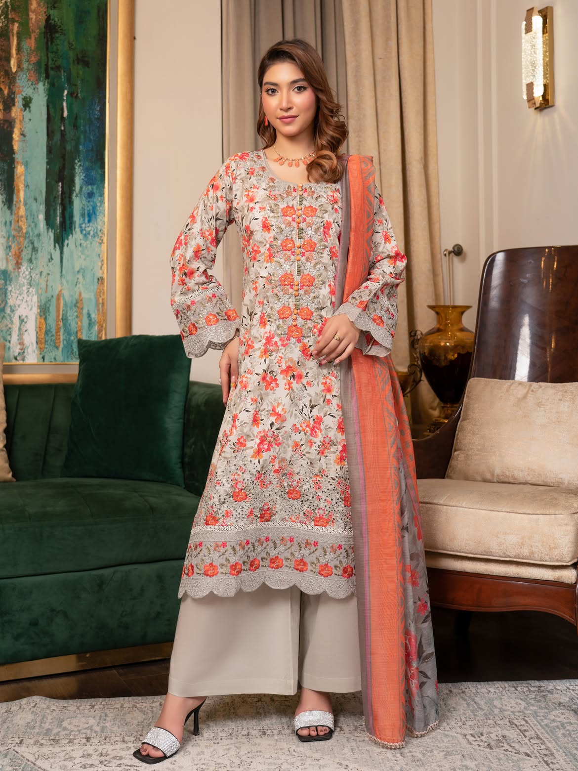 Munira Lawn Shirt Light Grey & Coral
