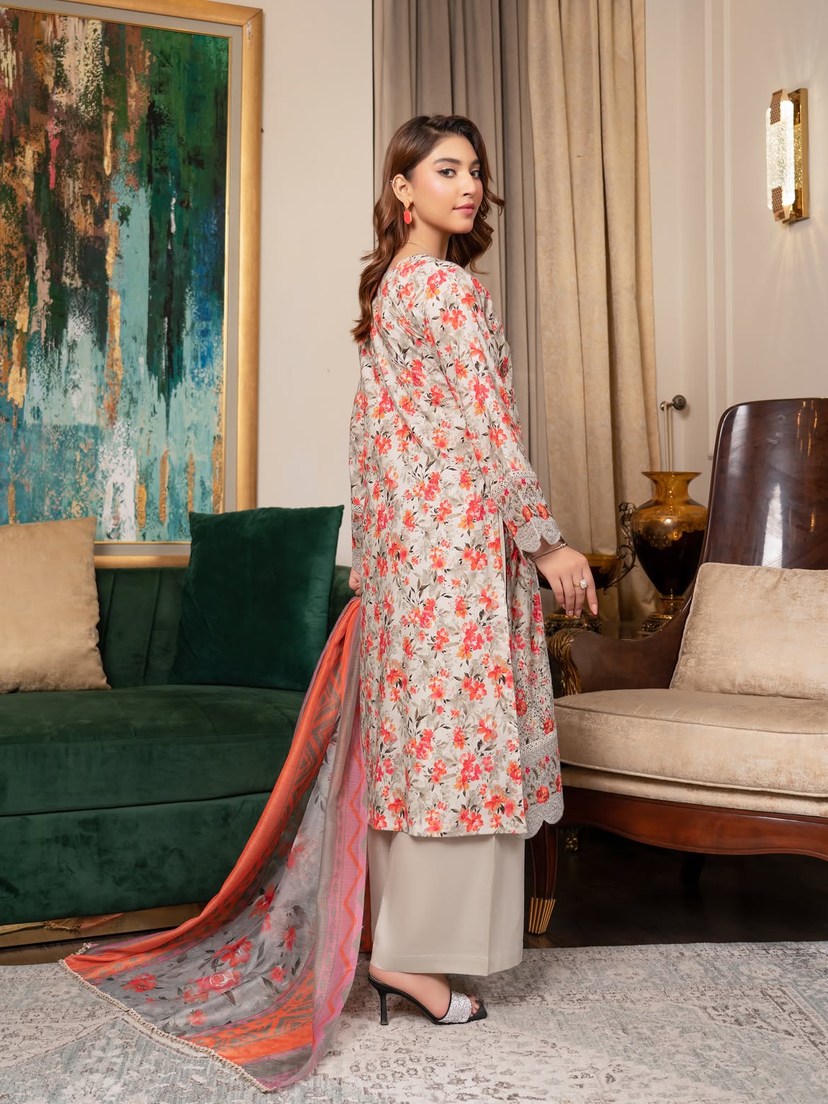 Munira Lawn Shirt Light Grey & Coral