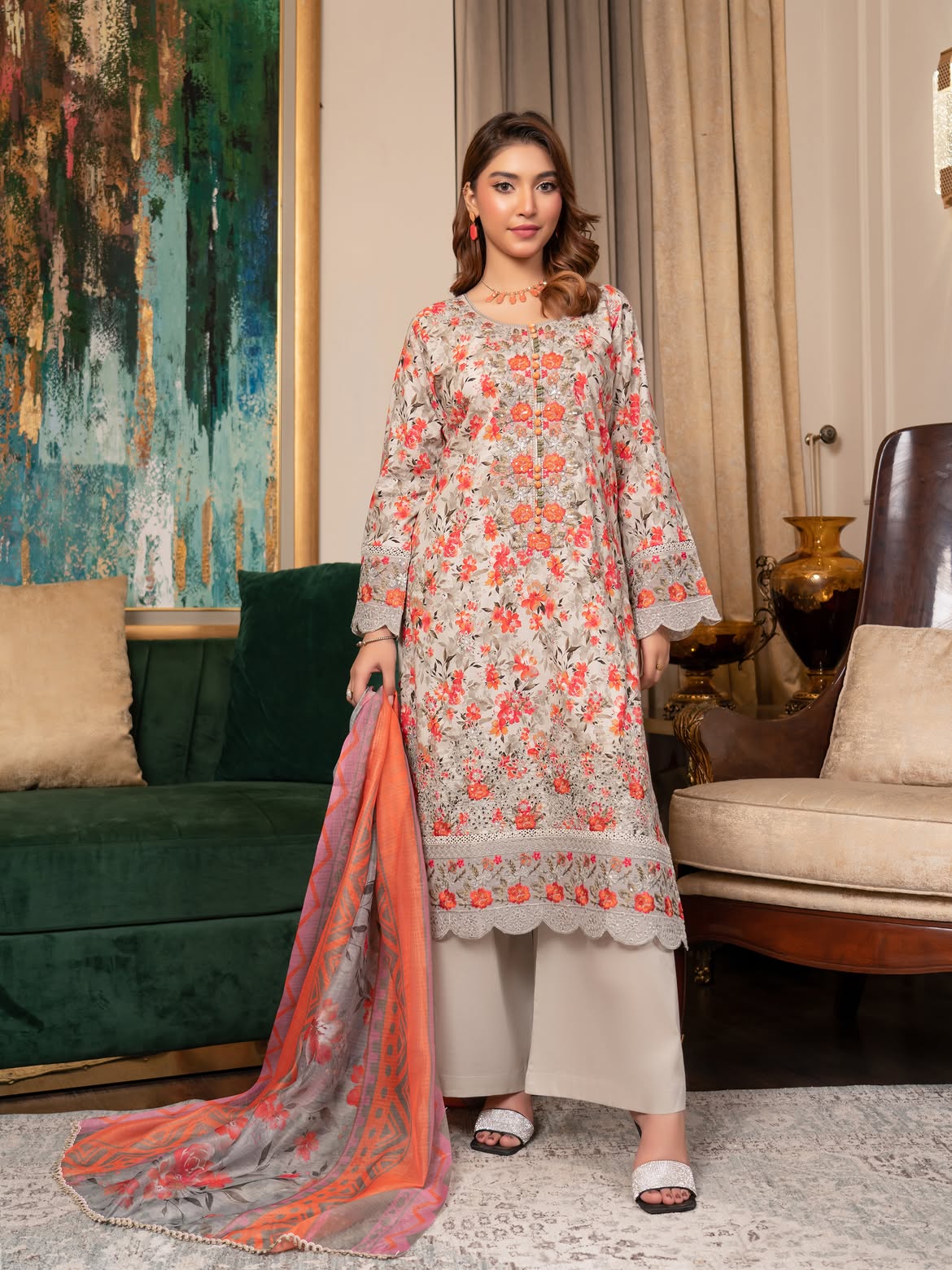 Munira Lawn Shirt Light Grey & Coral