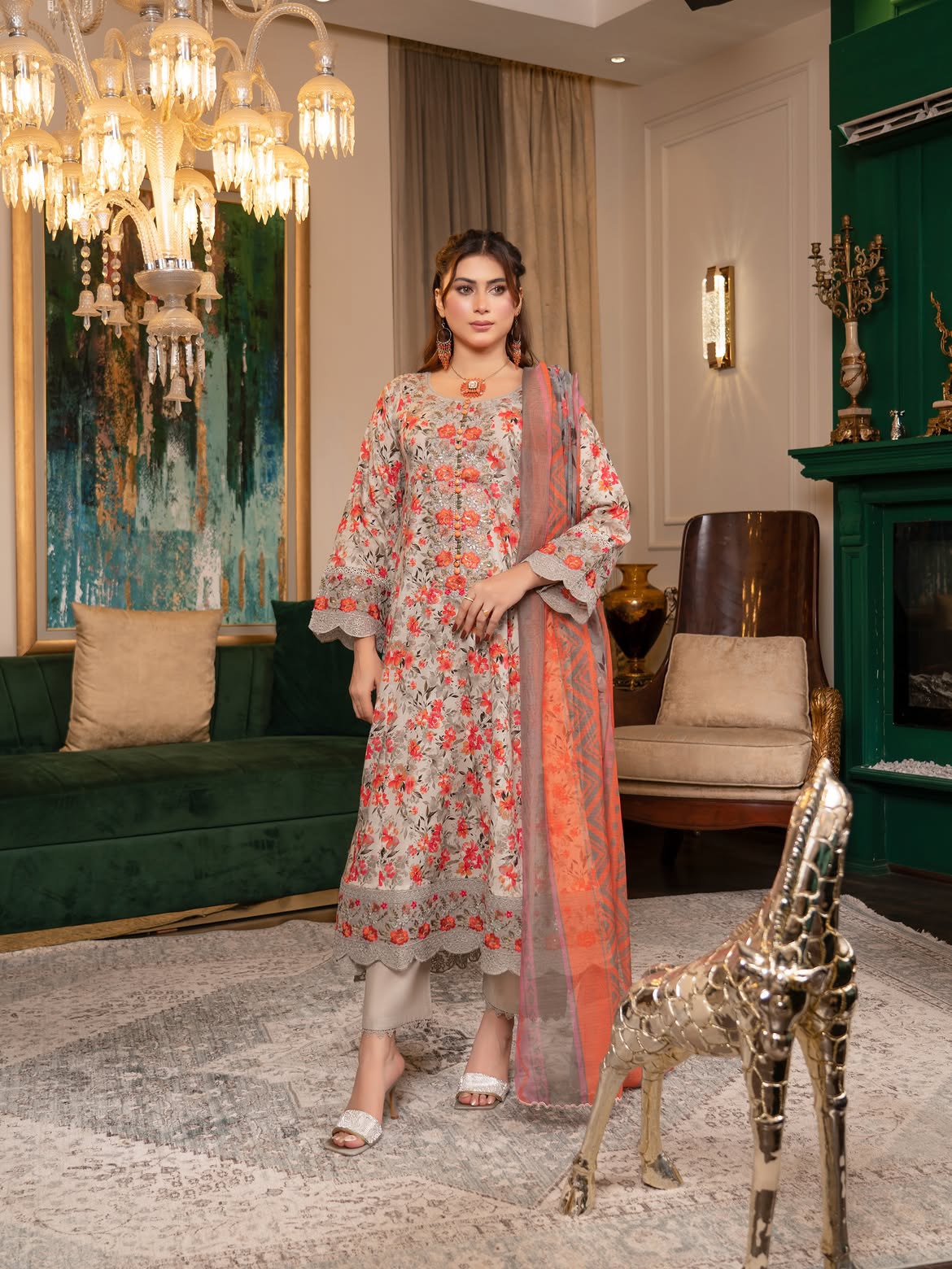 Munira Lawn Frock Light Grey & Coral