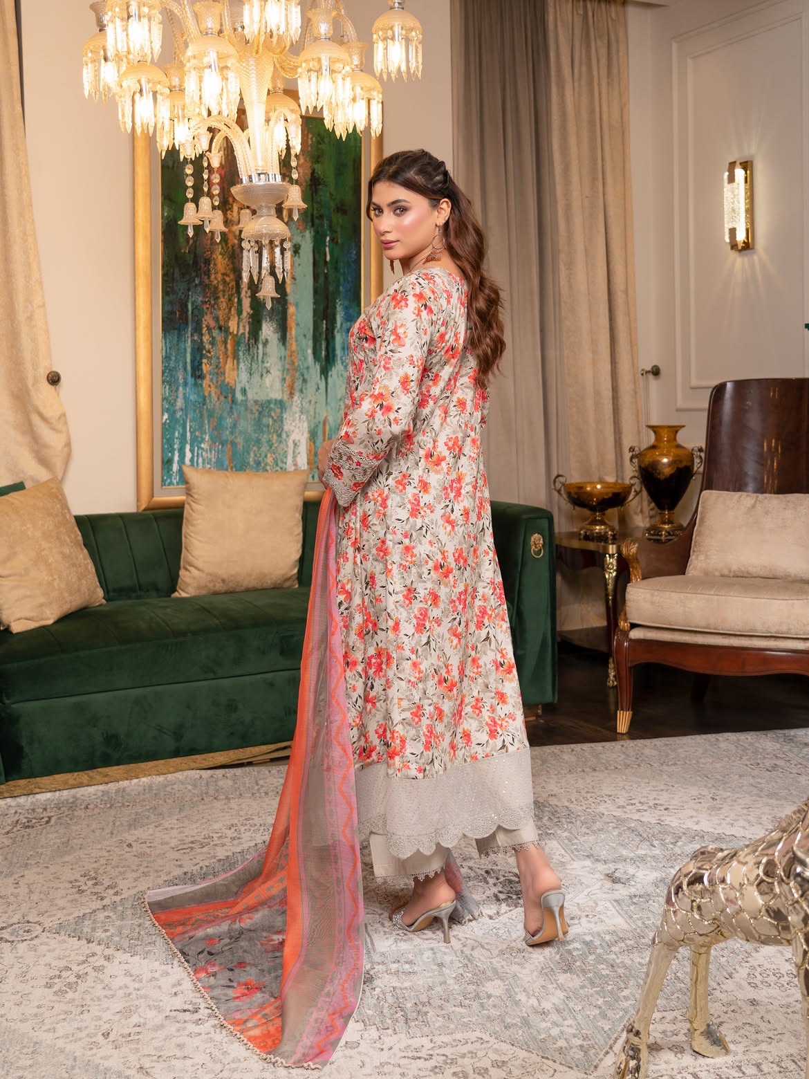 Munira Lawn Frock Light Grey & Coral