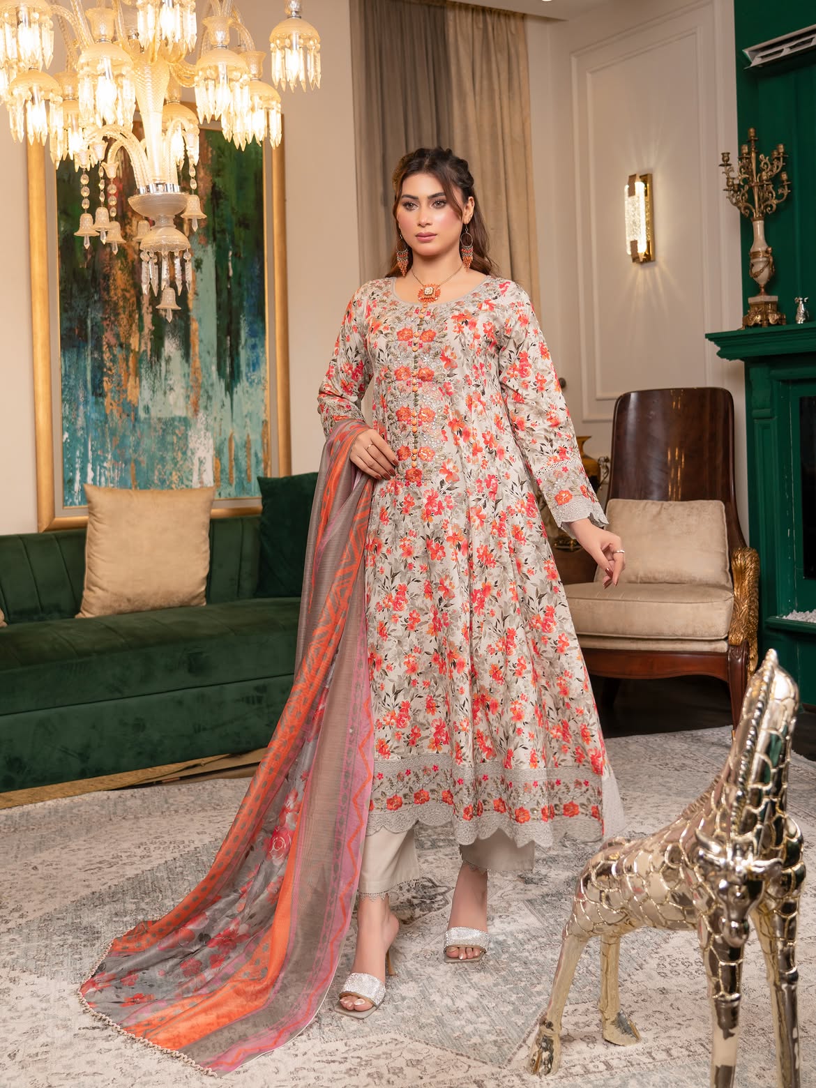Munira Lawn Frock Light Grey & Coral