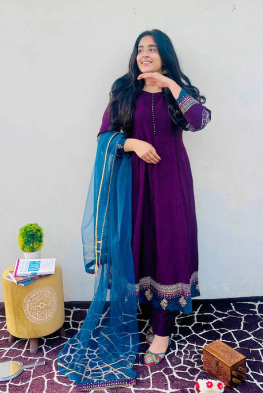 Khadi Embroiled Frock With Dupatta Purple