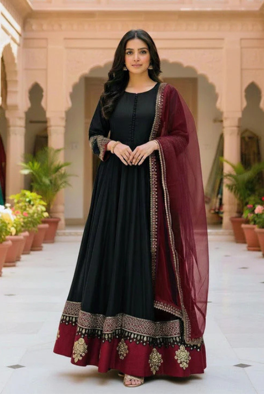 Khadi Embroiled Frock With Dupatta Black