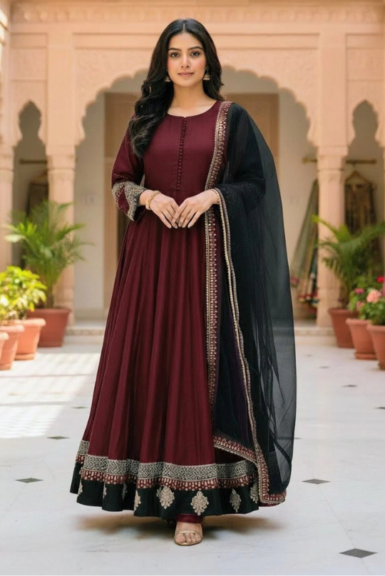 Khadi Embroiled Frock With Dupatta Maroon