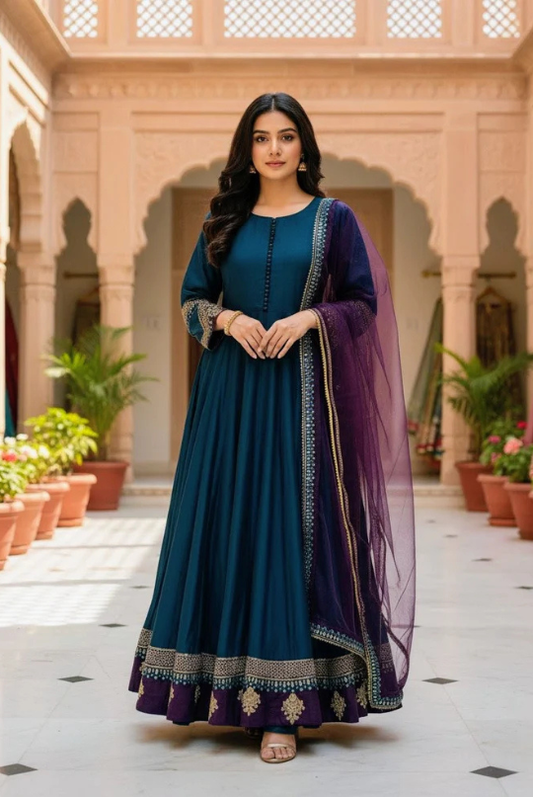 Khadi Embroiled Frock With Dupatta Zinc