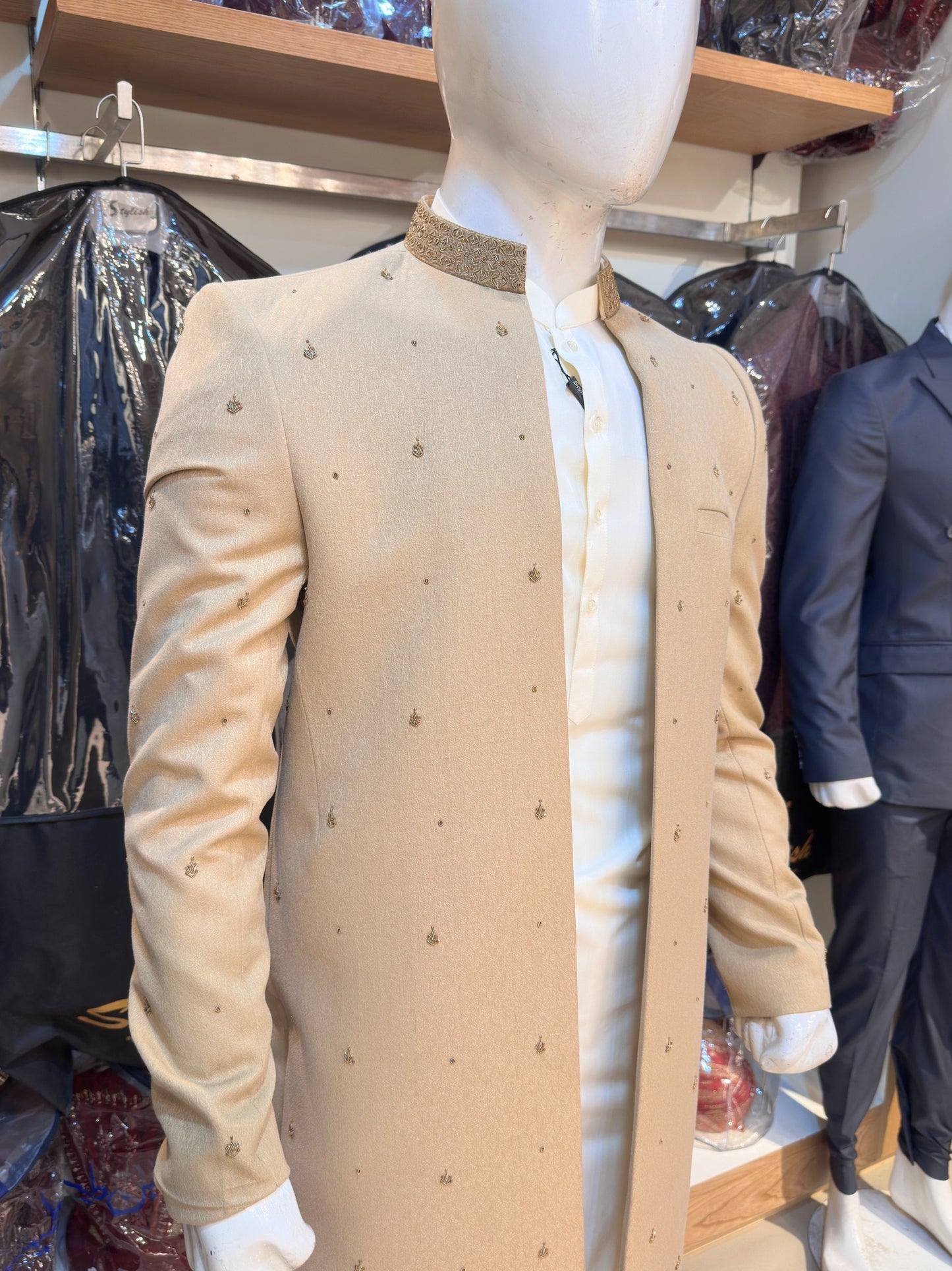 Fawn Embroidered Front Open Sherwani