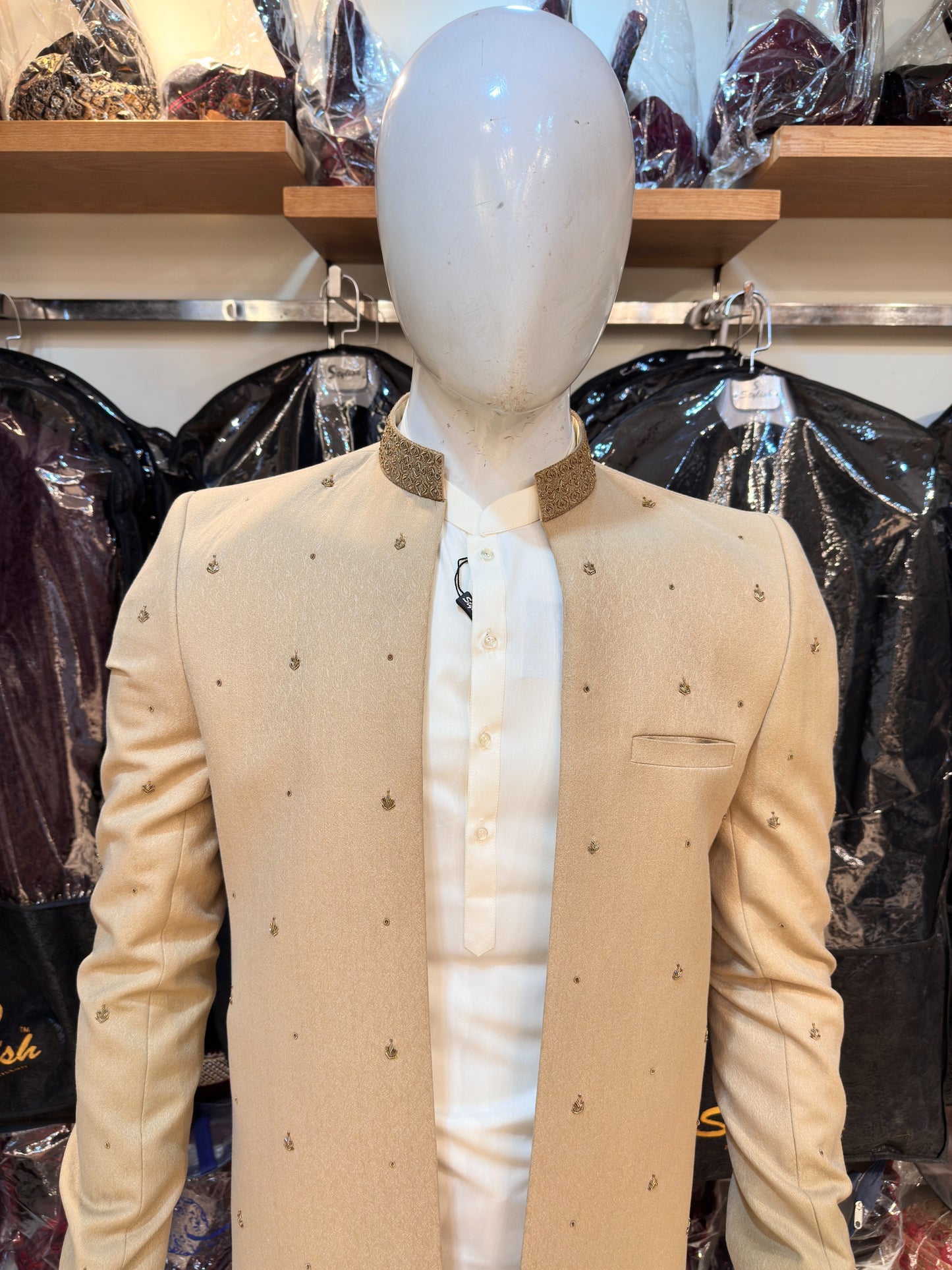 Fawn Embroidered Front Open Sherwani