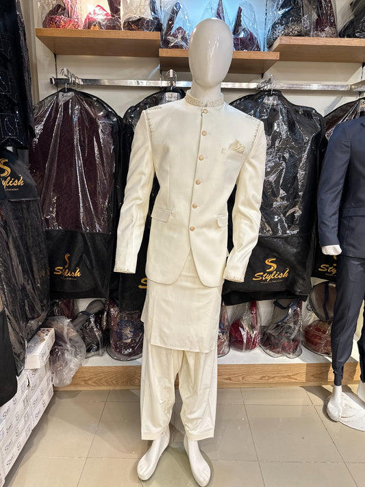 Off-White Embroidered Waistcoat With Suit  W-2960
