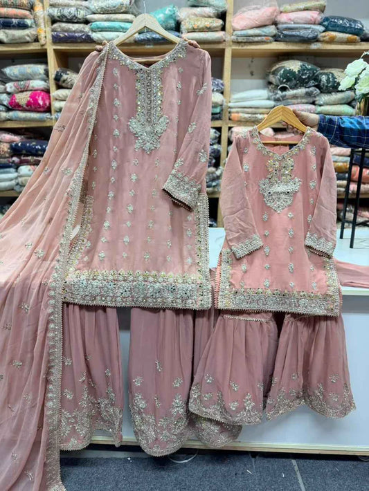 SG2188 Chiffon Gharara Mother & Daugther Rose Pink