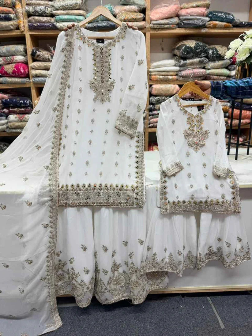 SG2188 Chiffon Gharara Mother & Daugther White