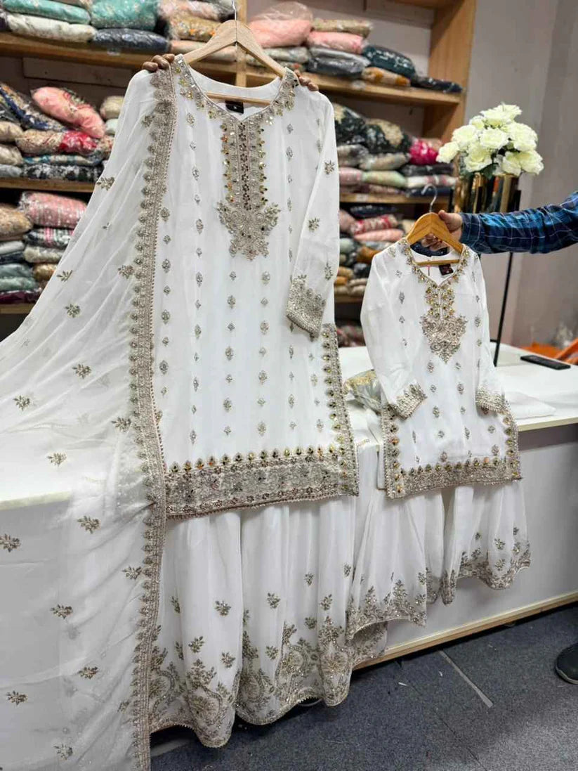 SG2188 Chiffon Gharara Mother & Daugther White