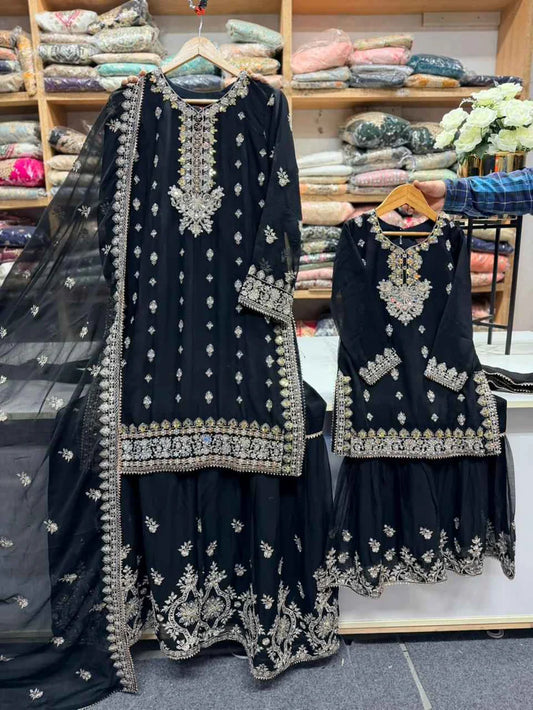 SG2188 Chiffon Gharara Mother & Daugther Black