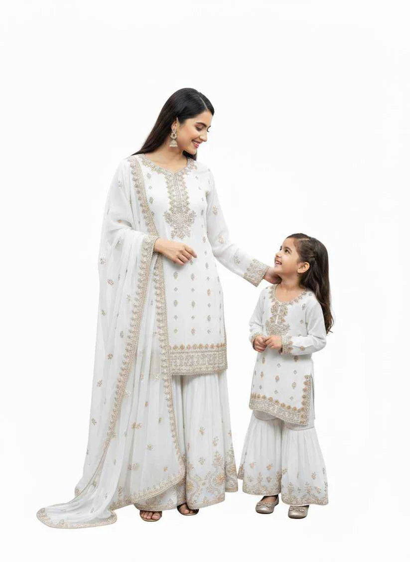 SG2188 Chiffon Gharara Mother & Daugther White
