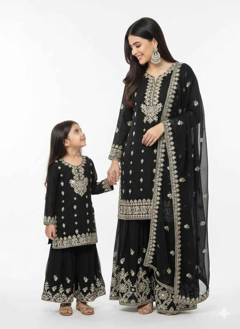 SG2188 Chiffon Gharara Mother & Daugther Black