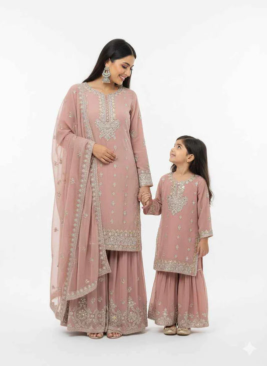 SG2188 Chiffon Gharara Mother & Daugther Rose Pink