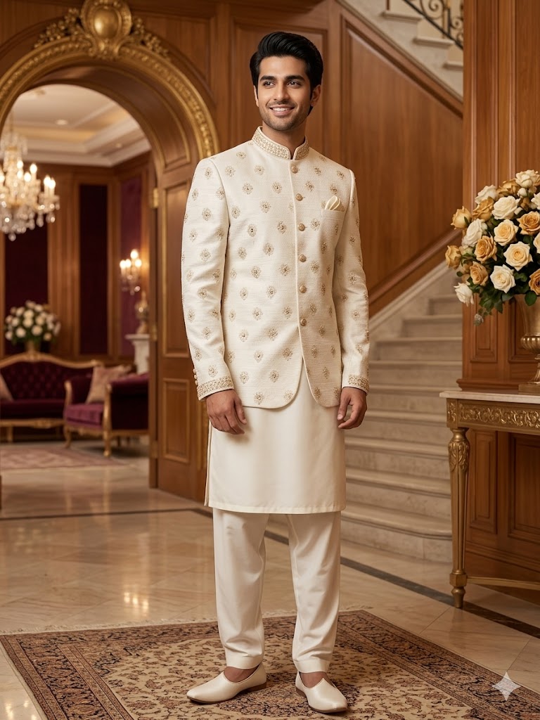 Off-White Embroidered Waistcoat With Suit  W-2960