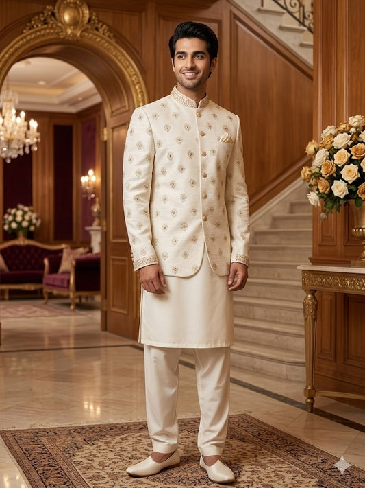 Off-White Embroidered Waistcoat With Suit  W-2960