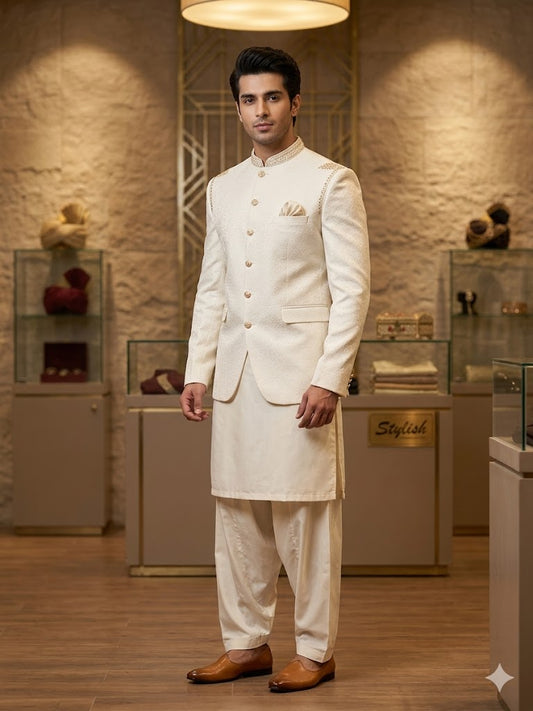 Off-White Embroidered Waistcoat With Suit  W-2960
