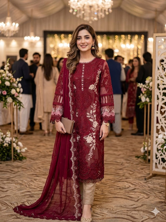 B1820 Maria B. Organza Mehroon