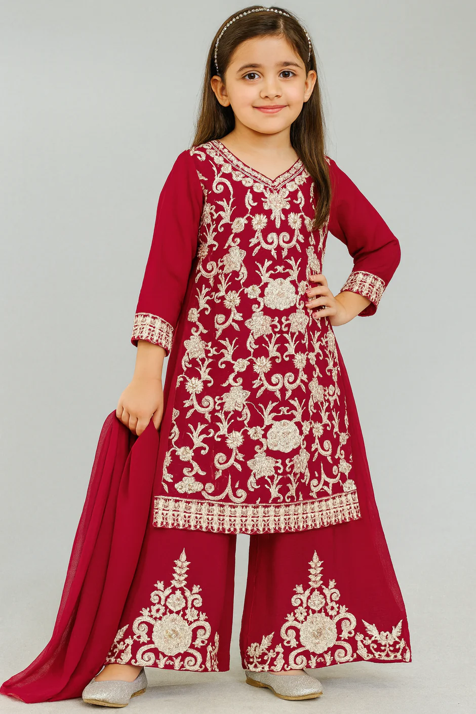 KD Chiffon Dress with Palazo Maroon