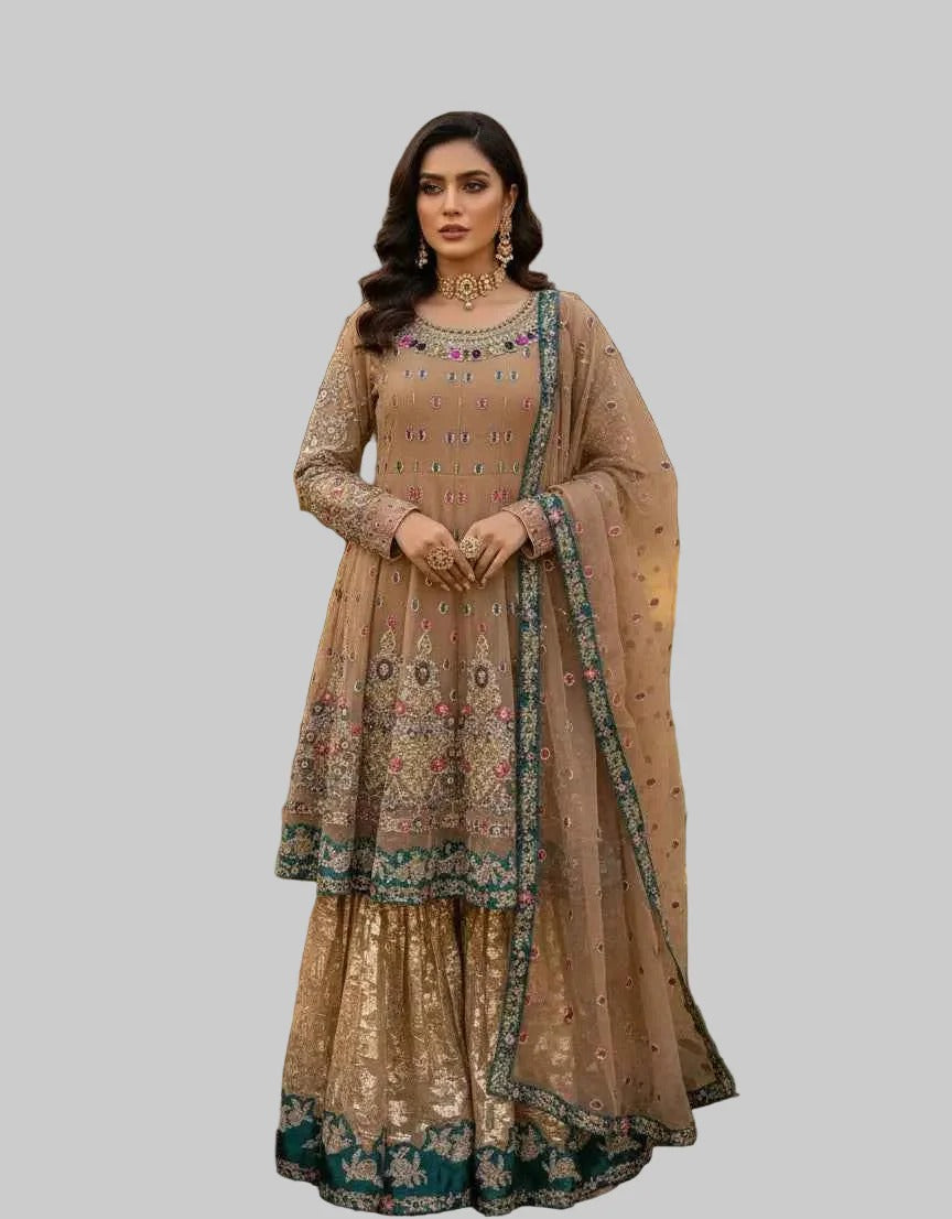 Chiffon Frock with Gharara & Organza Embroidered Dupatta