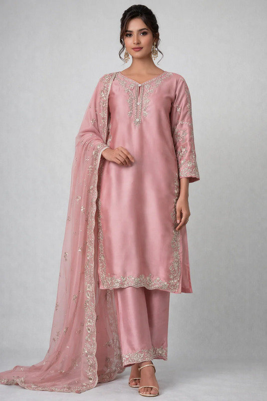 Elegant silk dress with delicate embroidery T Pink