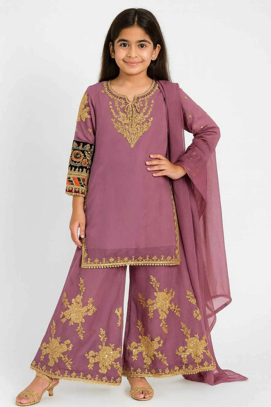 KD Chiffon Dress Lilac | Embroidered Palazo & Multicolor Sleeve Work