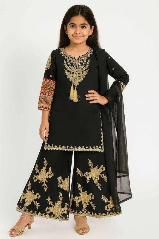 KD Chiffon Dress Black | Embroidered Palazo & Multicolor Sleeve Work
