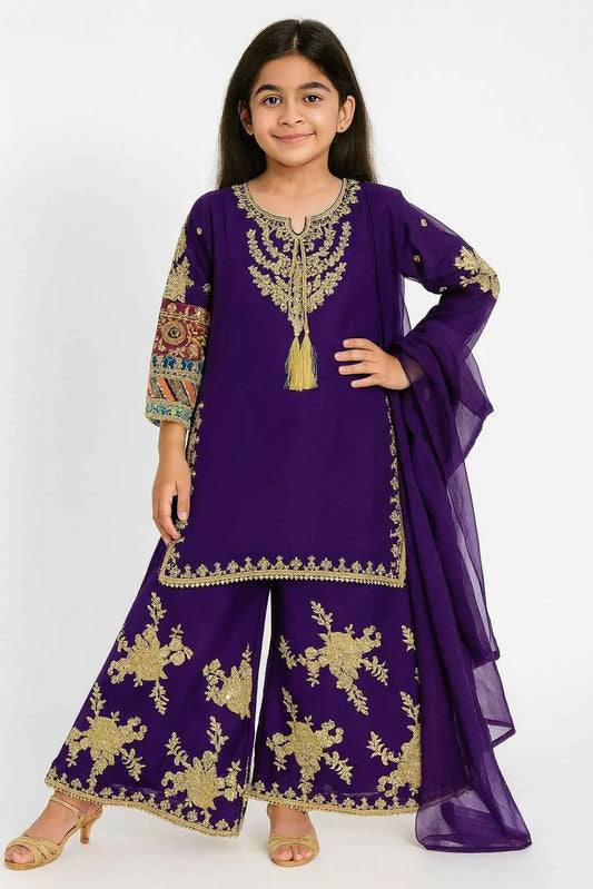 KD Chiffon Dress Purple | Embroidered Palazo & Multicolor Sleeve Work