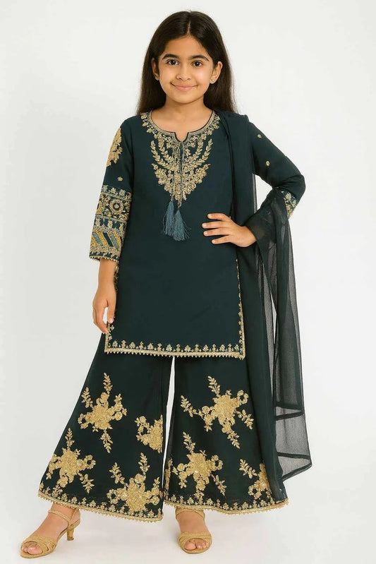 KD Chiffon Dress Bottle Green | Embroidered Palazo & Multicolor Sleeve Work