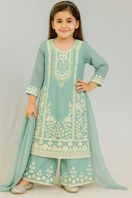 KD Chiffon Dress with Palazo Sea Green