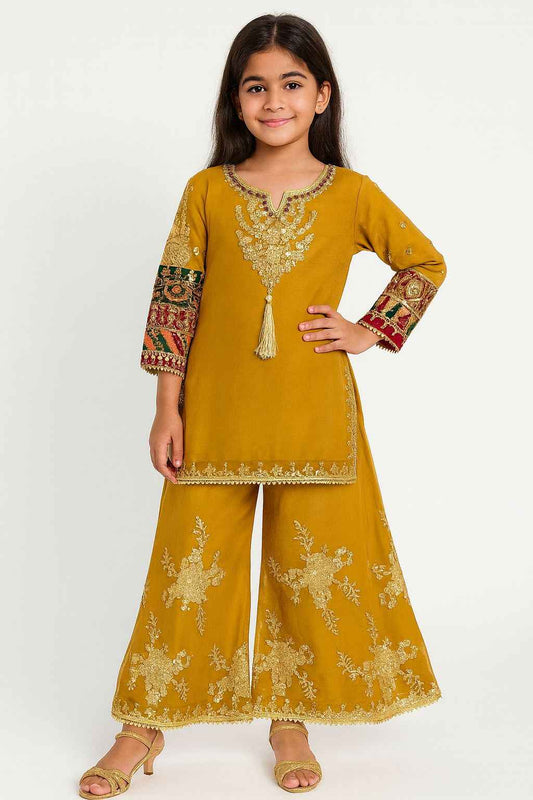 KD Chiffon Dress Mustard | Embroidered Palazo & Multicolor Sleeve Work